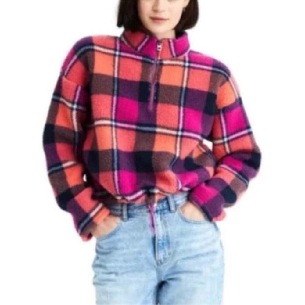 American Eagle 1/4 Zip Sherpa Plaid Cropped Cottagecore Cozy Pullover Fleece-M